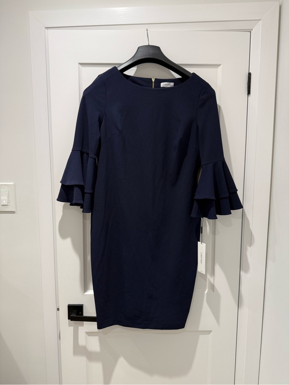 NWT Calvin Klein Navy Ruffle Sleeve Midi Sheath Dress - Picture 3 of 5